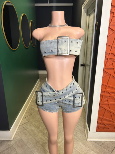 Let Loose Denim Buckle Tube Top & Buckle Short Set