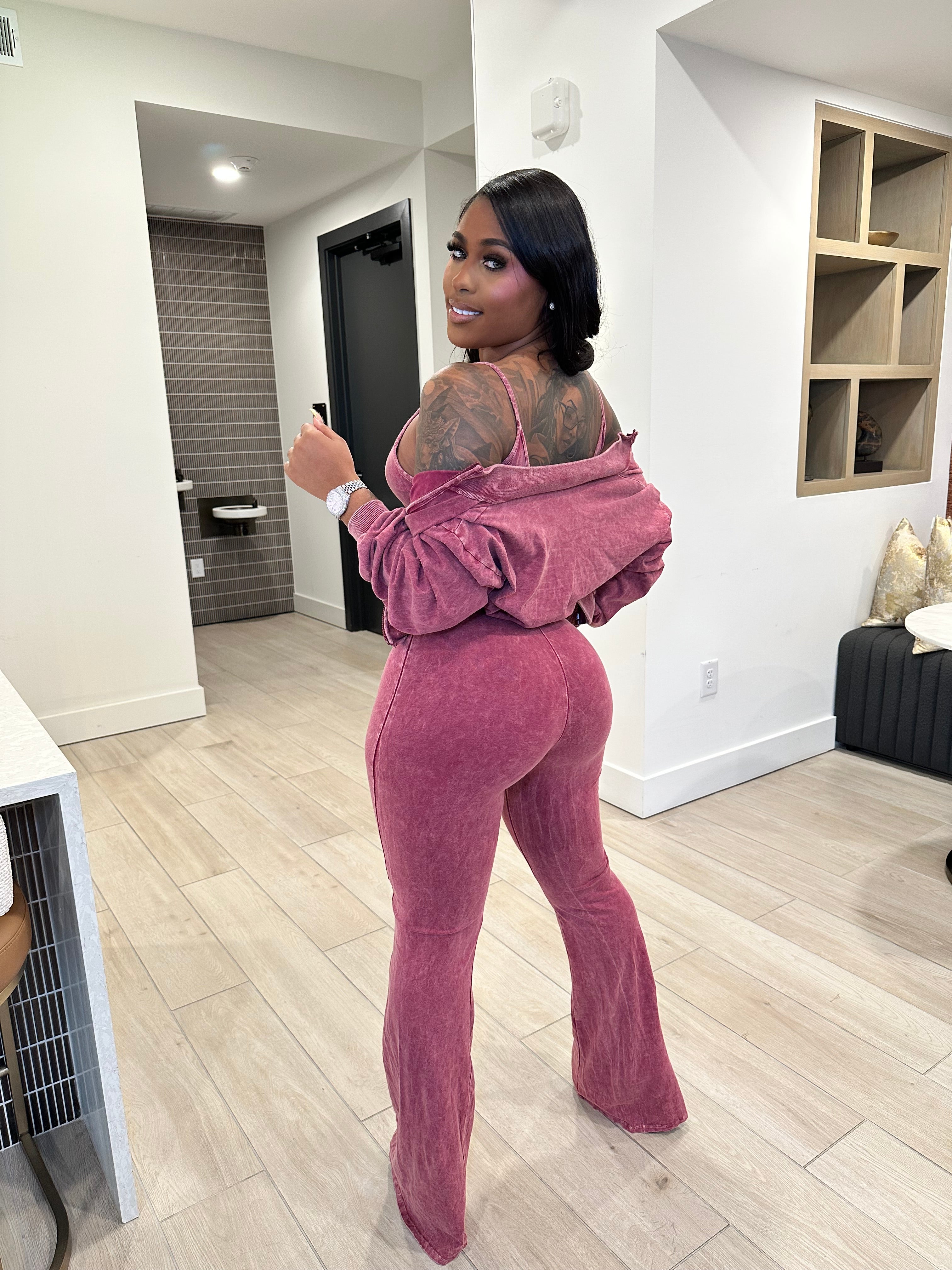 Washed Zip-Up Crop Jacket & Flare Jumpsuit Set- Sangria