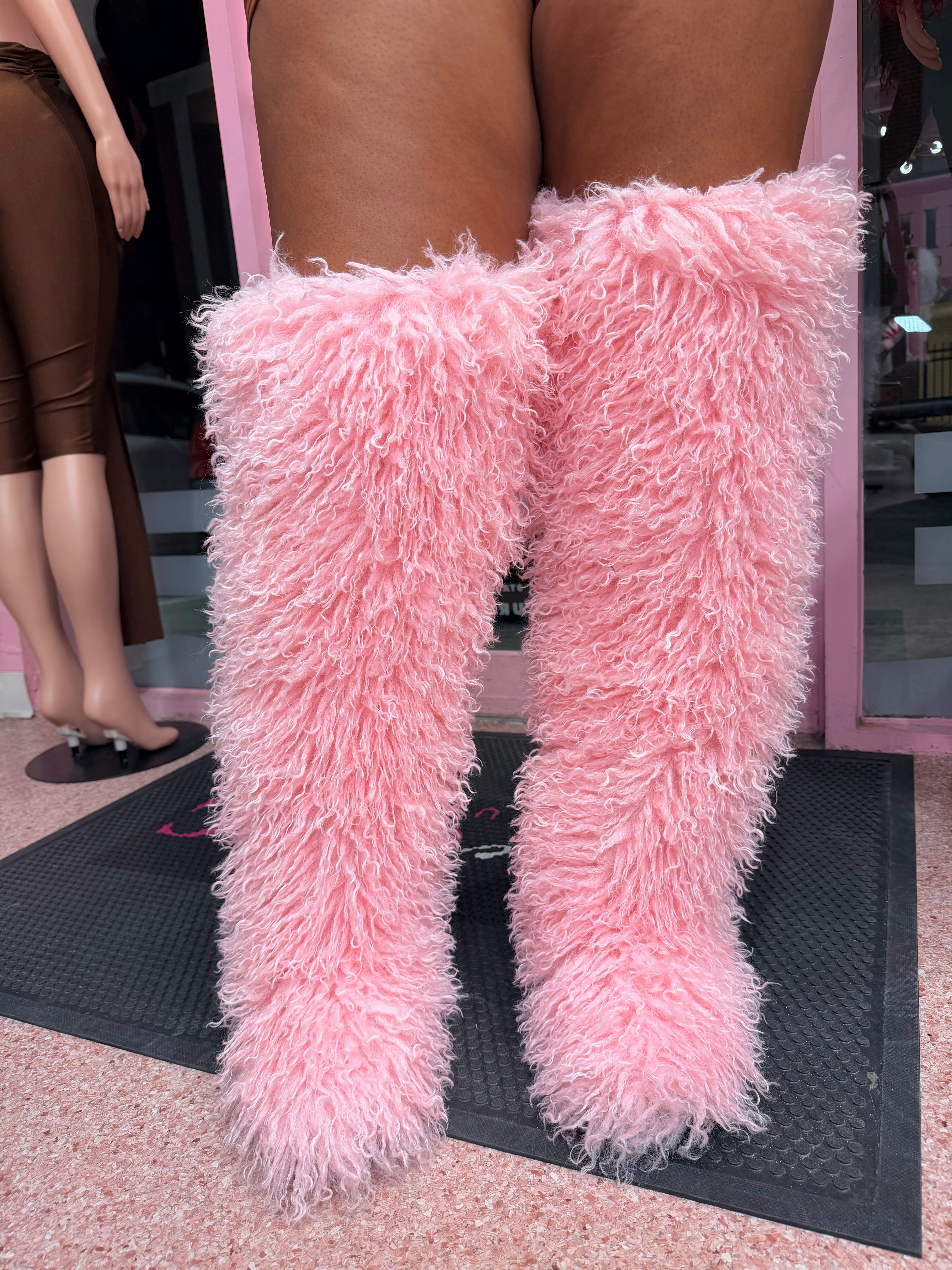 Shaggy Mongolian Fur Thigh High Boots- Pink
