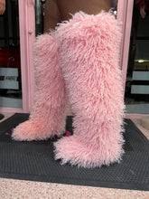 Shaggy Mongolian Fur Thigh High Boots- Pink