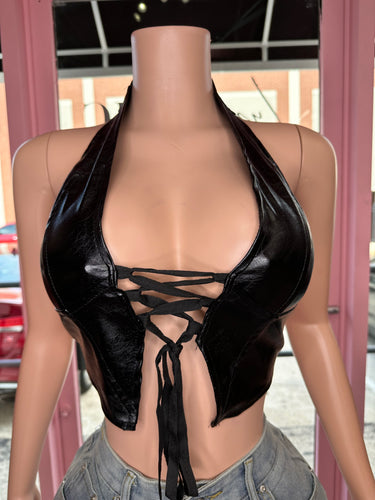 On Track PU Halter Top- Black
