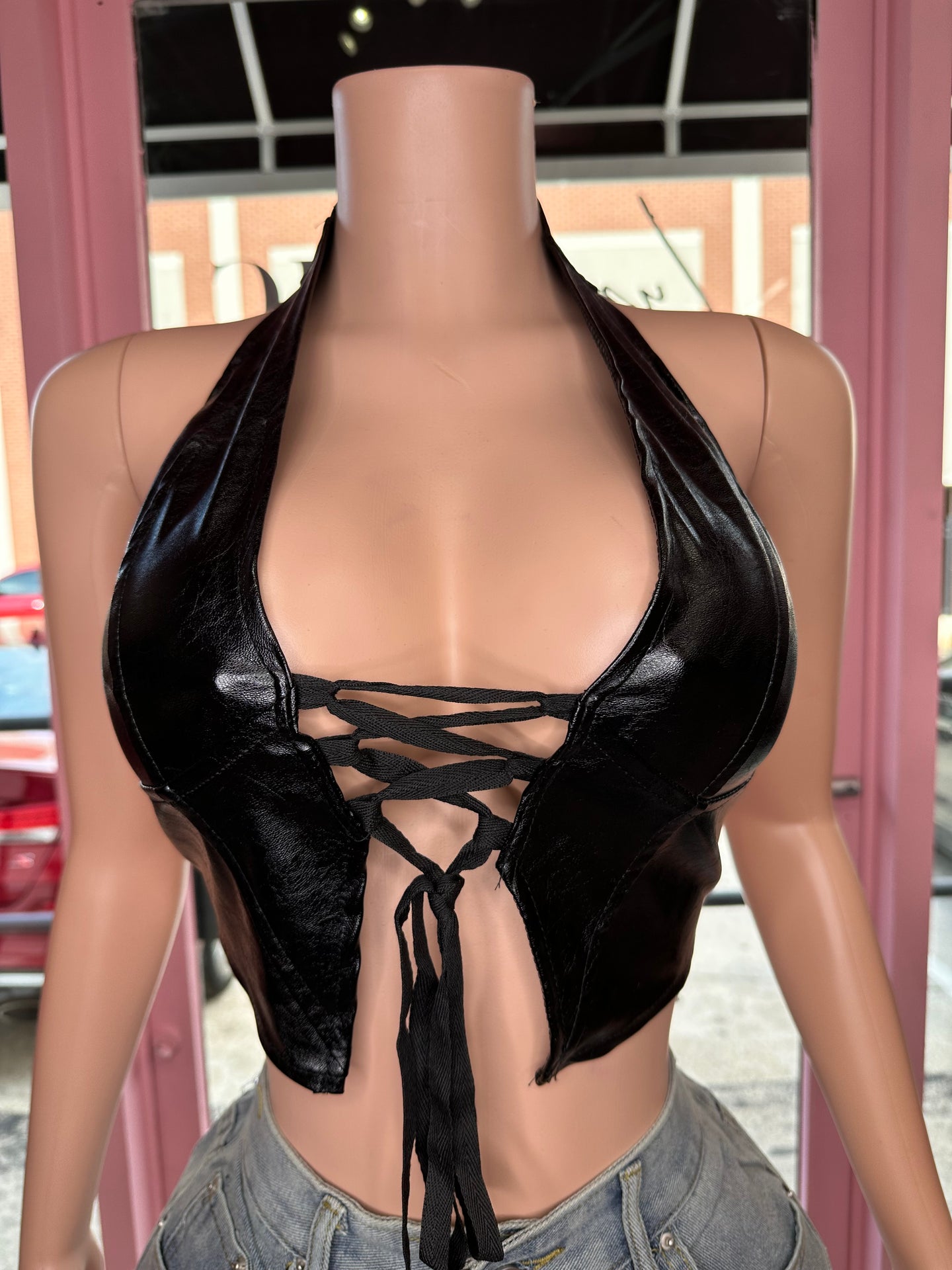 On Track PU Halter Top- Black
