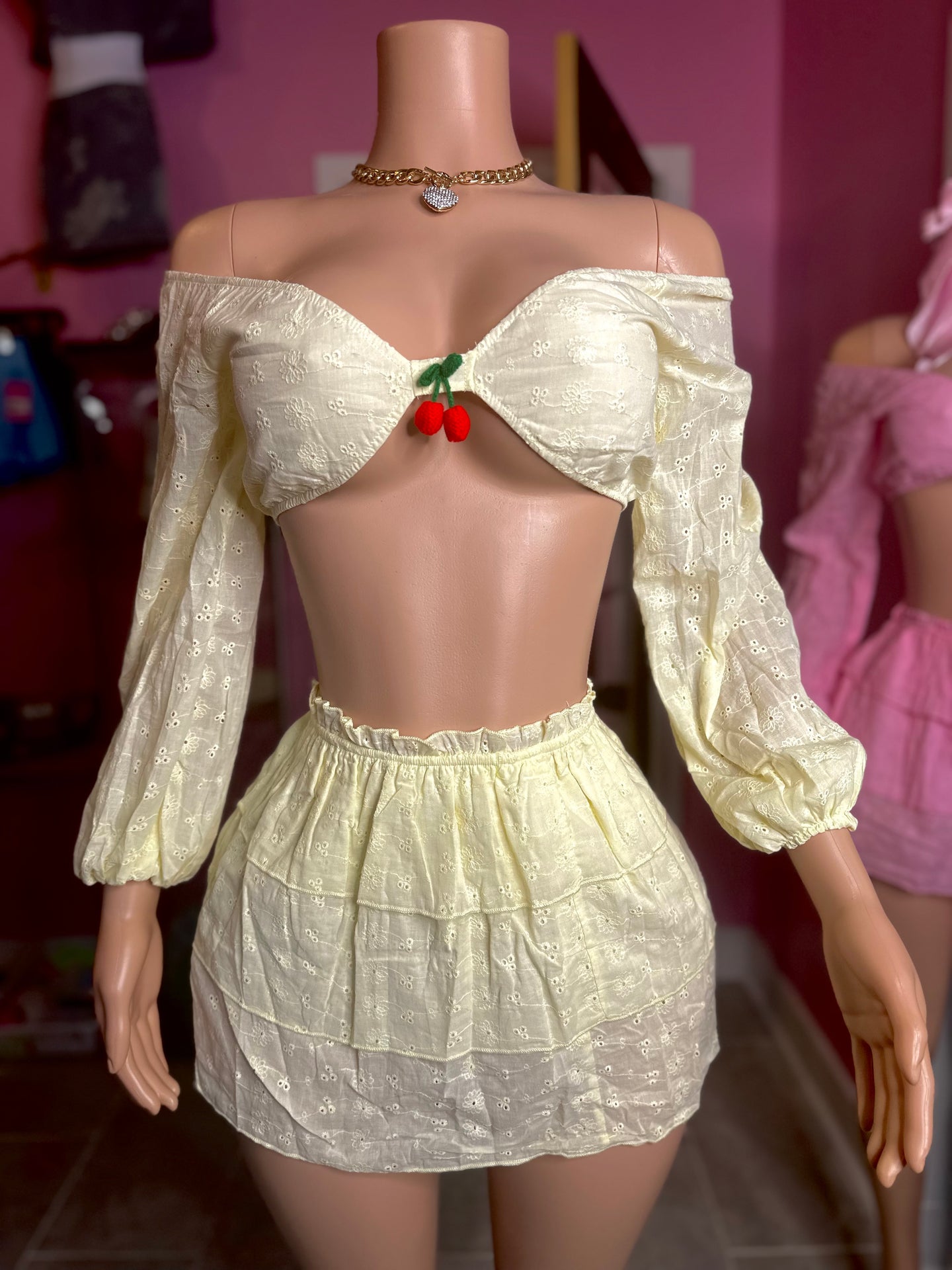 Cherry Baby Crop Top & Ruffle Skirt Set- Yellow