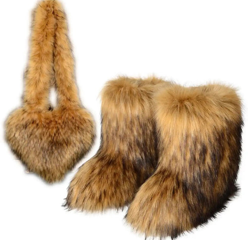 Wynter Fluffy Faux Fur Boots & Heart Shape Bag Set- Brown
