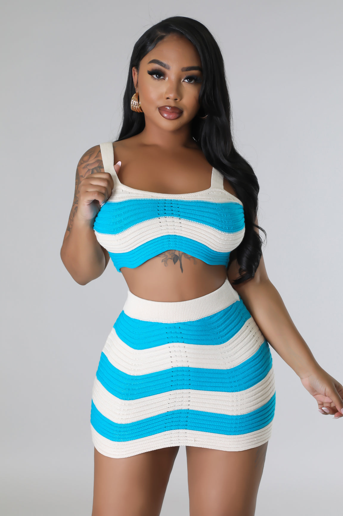 Time To Vacay Skirt Set- Blue Cream
