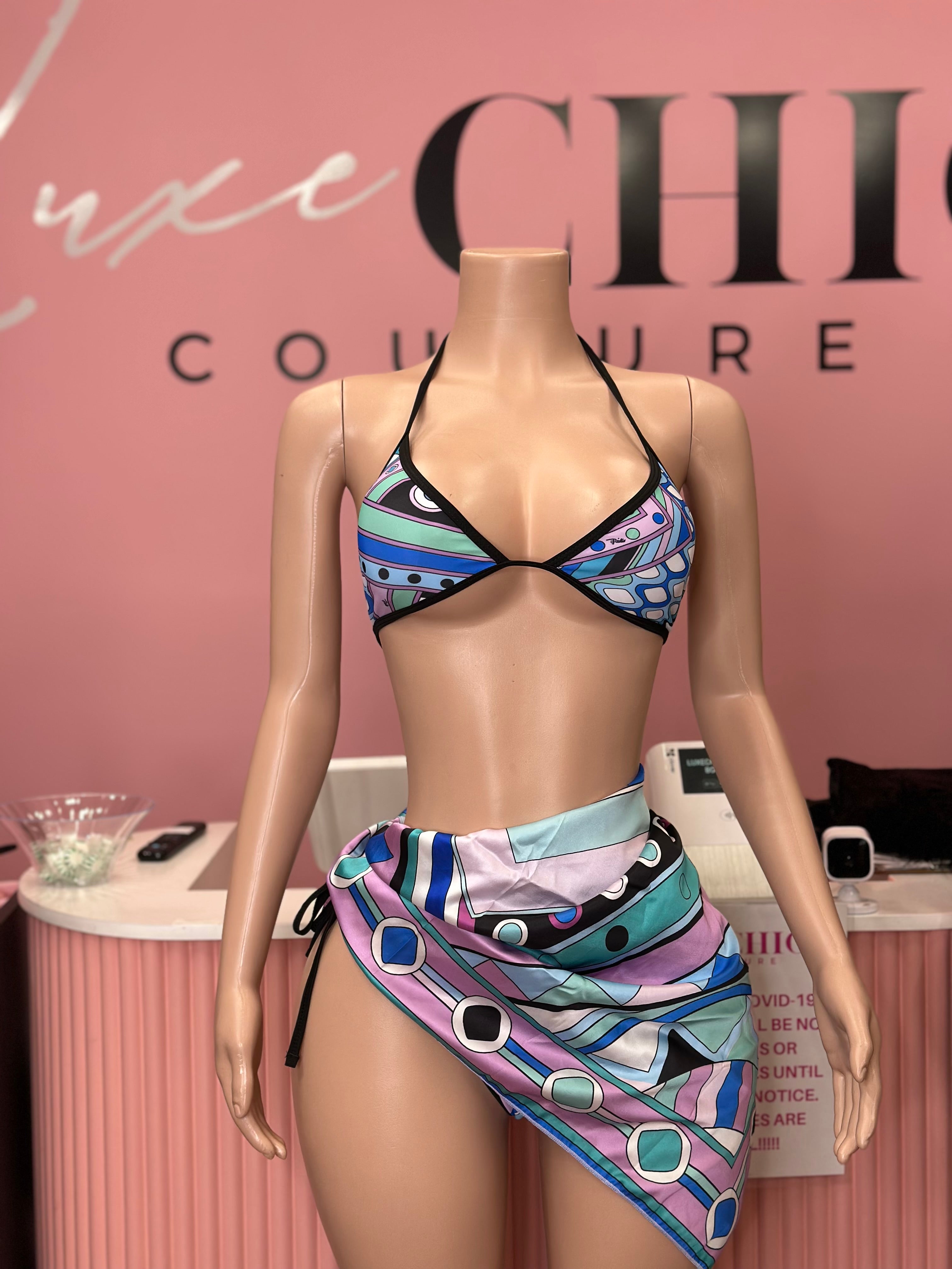 Fashion Puch Designer Inspired 3pc Swimsuit Set- Blue Multi