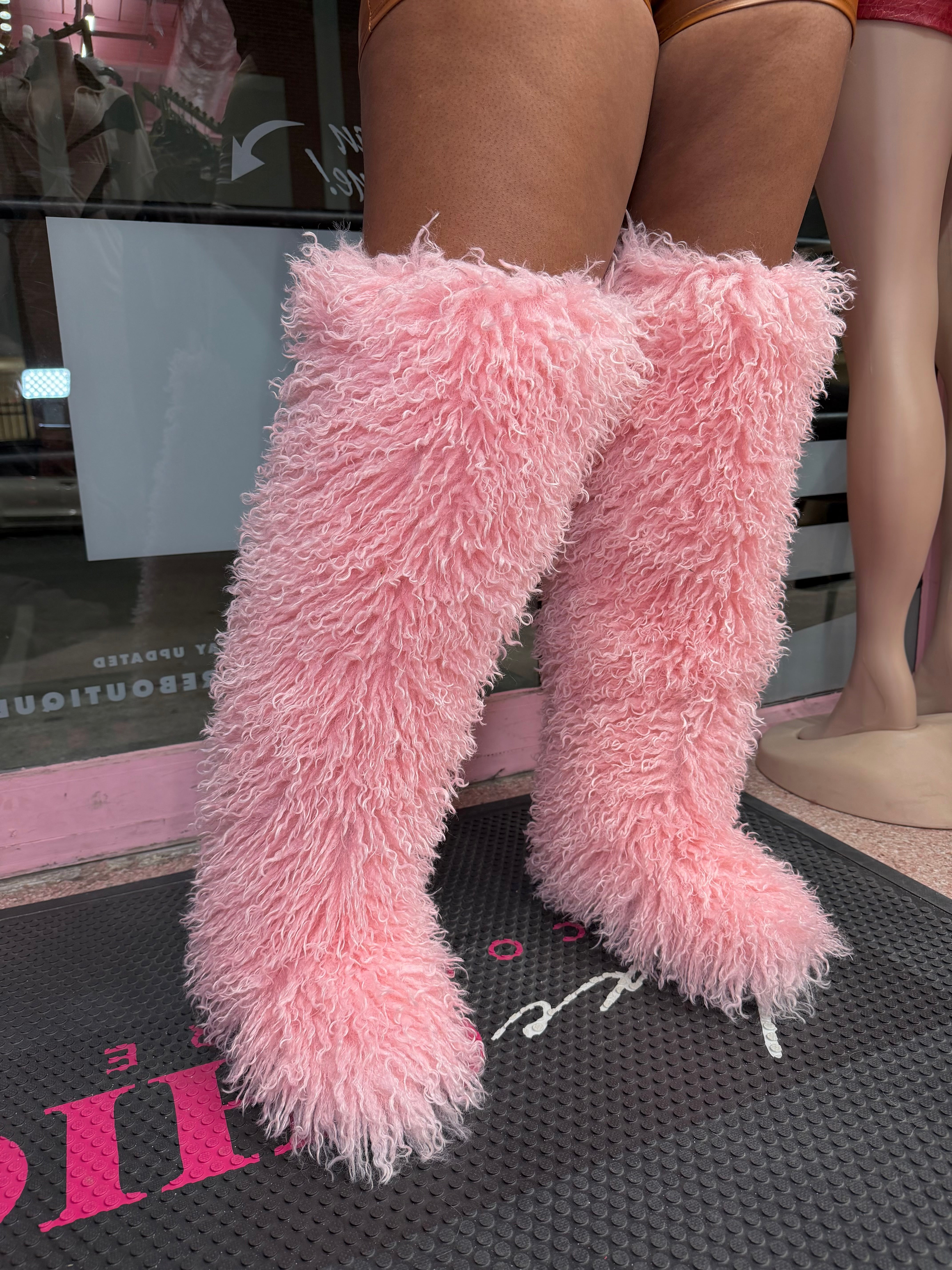 Shaggy Mongolian Fur Thigh High Boots- Pink