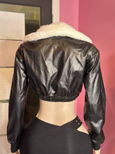 Faux Leather Cropped Jacket with Sherpa Collar- Black