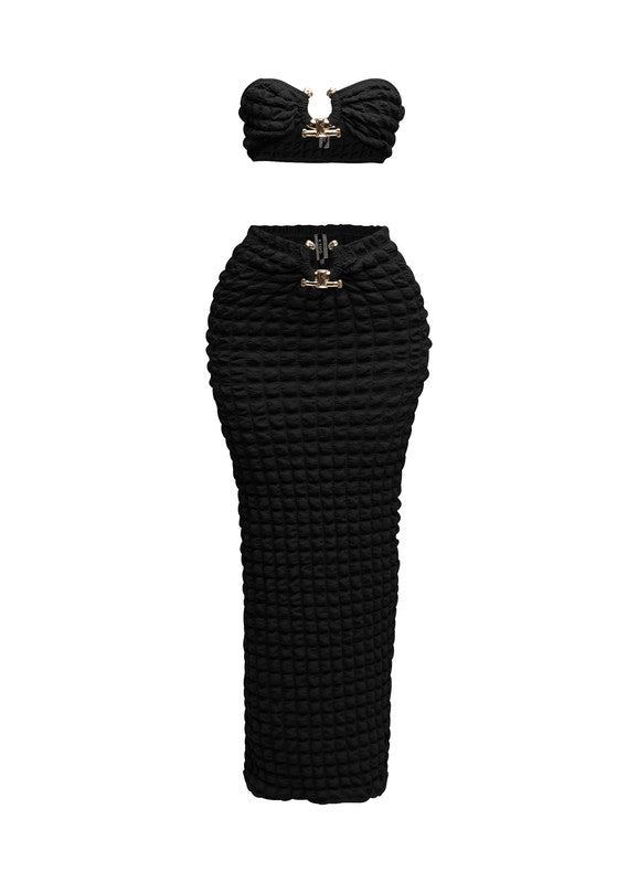 Popcorn Gold Trim Bandeau Top & Skirt Set- Black