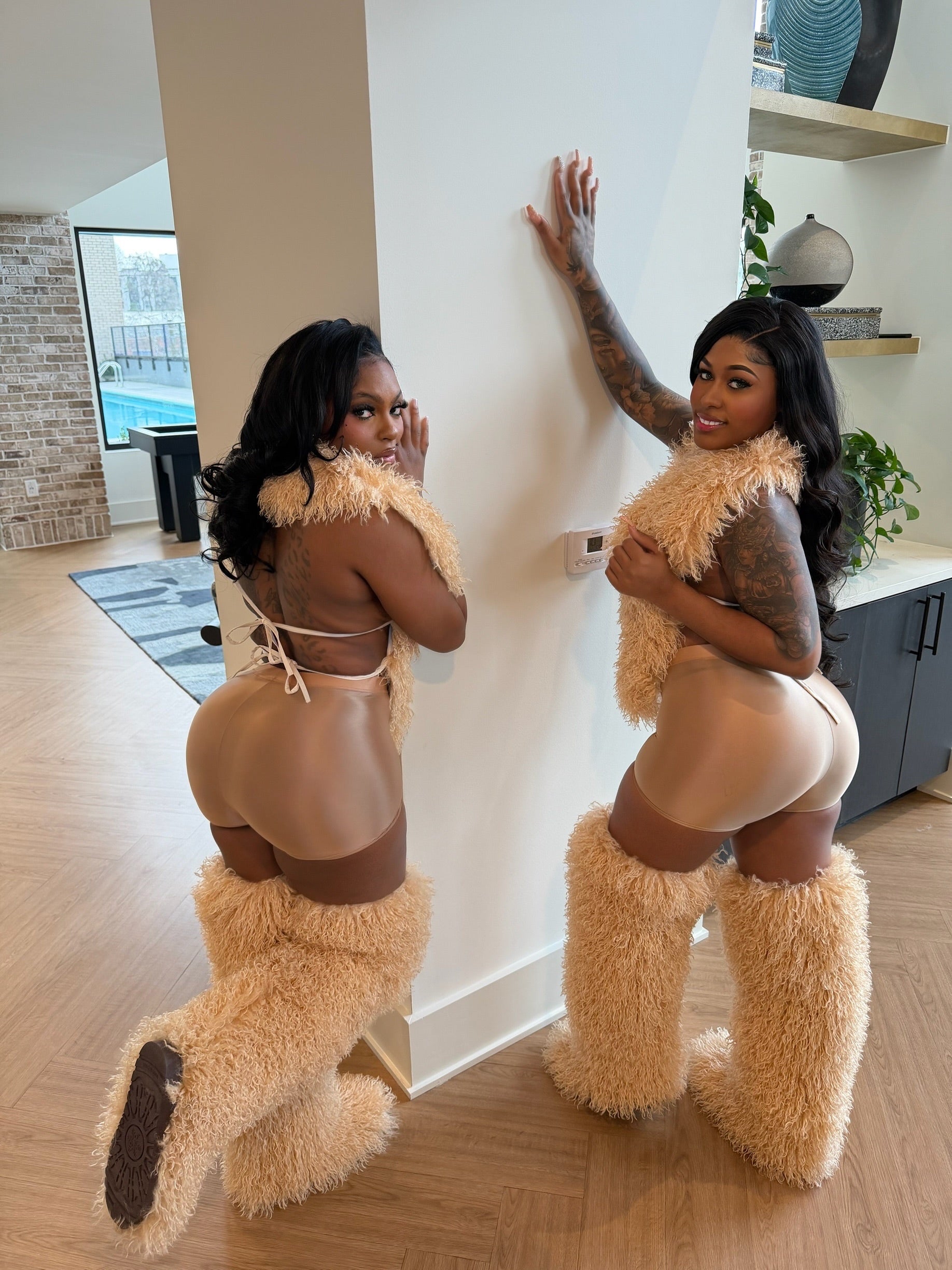 (Pre-Order) Shaggy Mongolian Halter Top,Shorts,Boots Combo- Tan