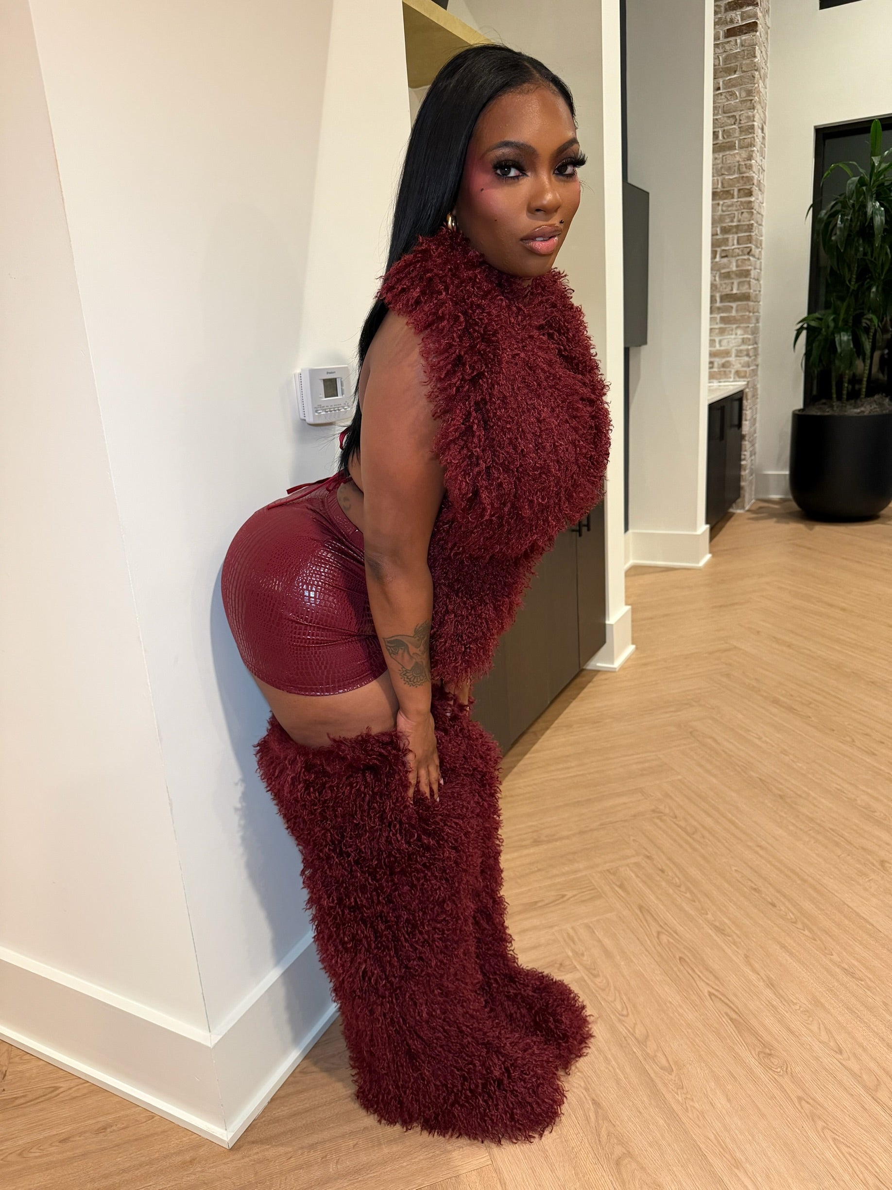 Shaggy Mongolian Fur Thigh High Boots- Wine