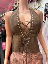 Lia Distressed Leather Studded Halter Top- Brown