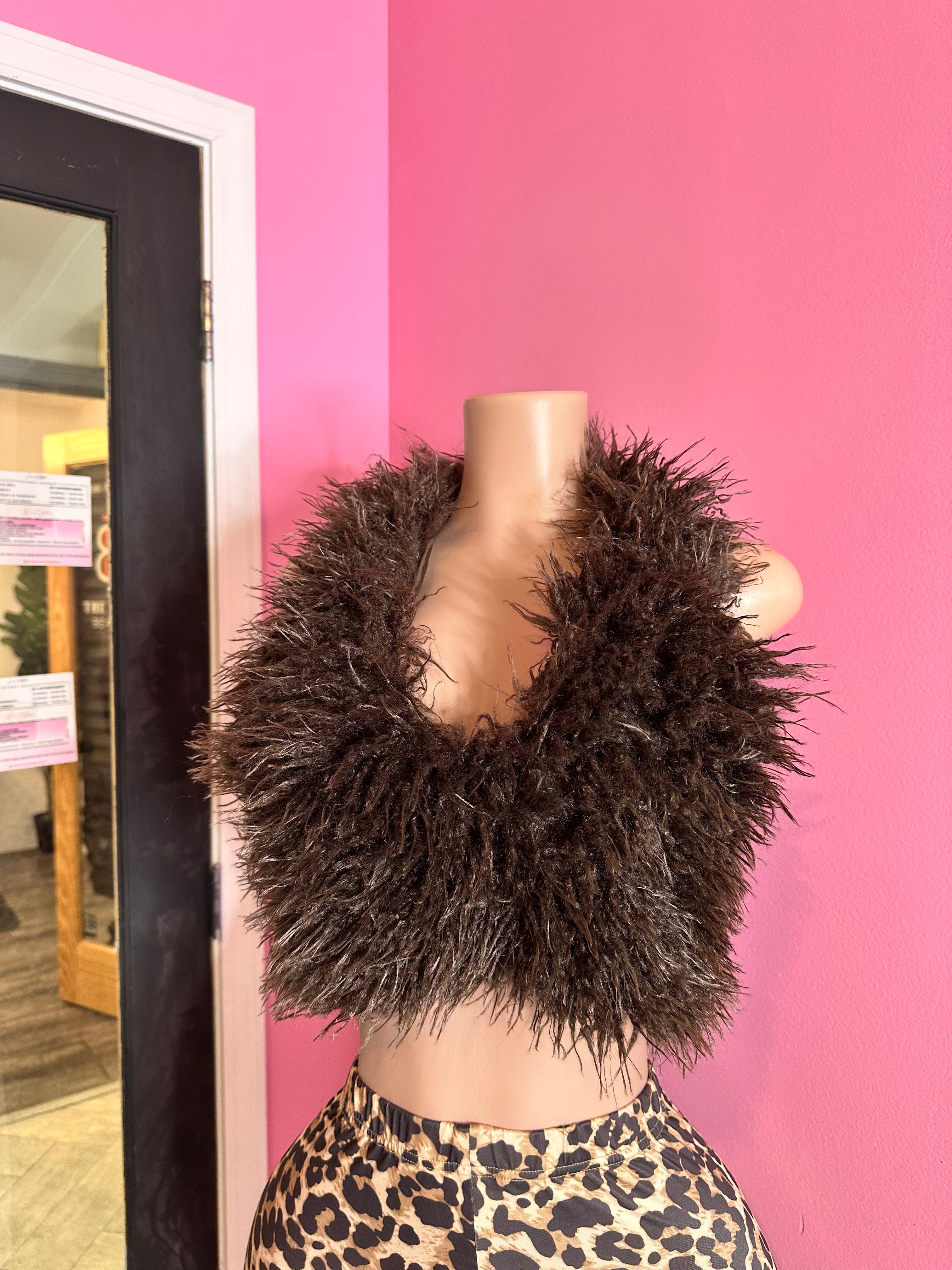 Faux Finesse Fur Halter Top- Brown