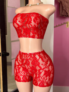 One More Night Two-Piece Lace Set- Red