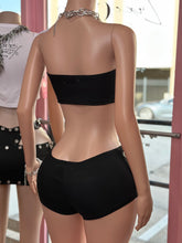 Edgy Black Tube Top & High-Waisted Shorts Set with Metallic Eyelet Detailing- Black