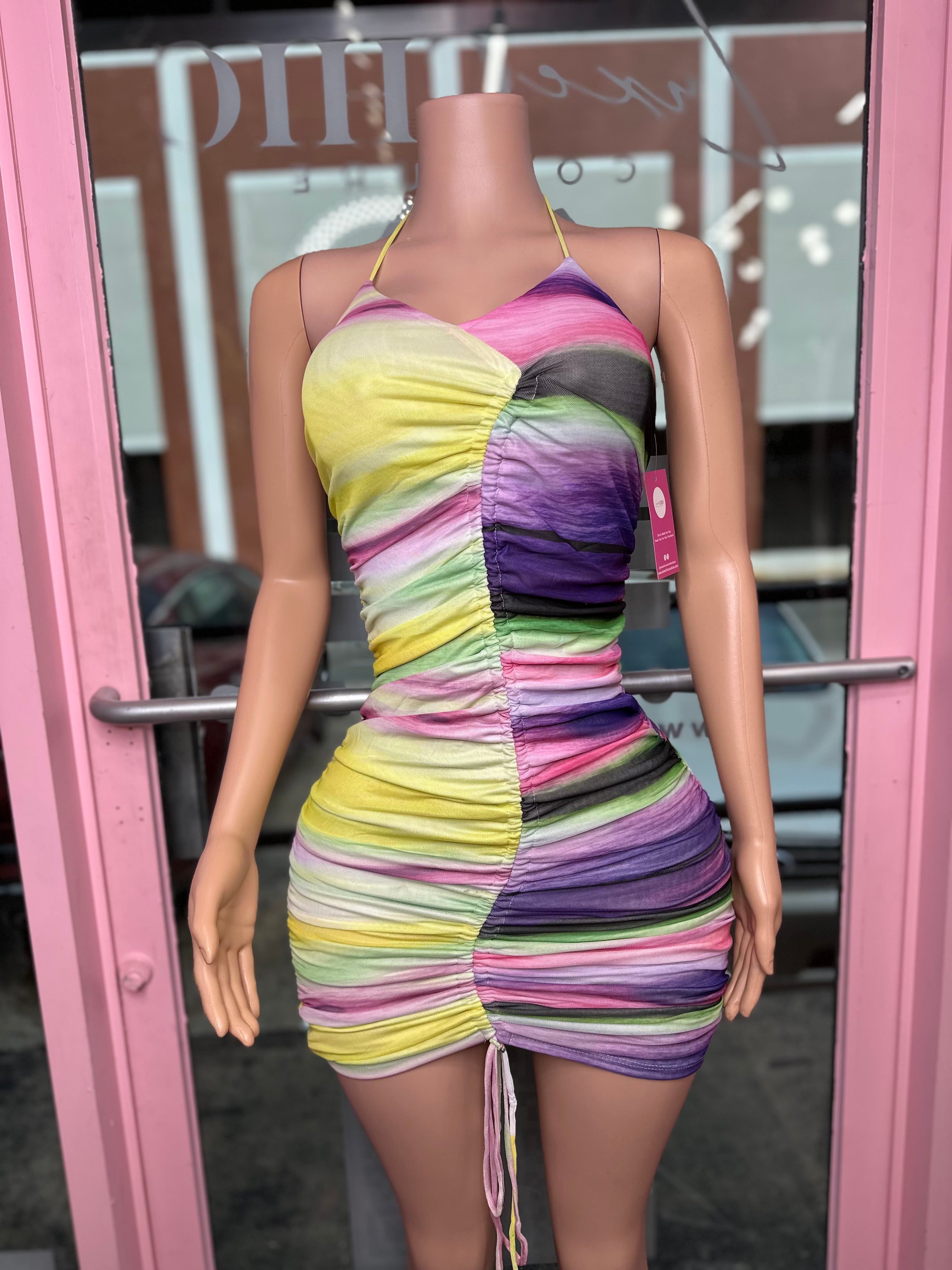 Rush Hour Ruched Halter Dress- Purple Multi