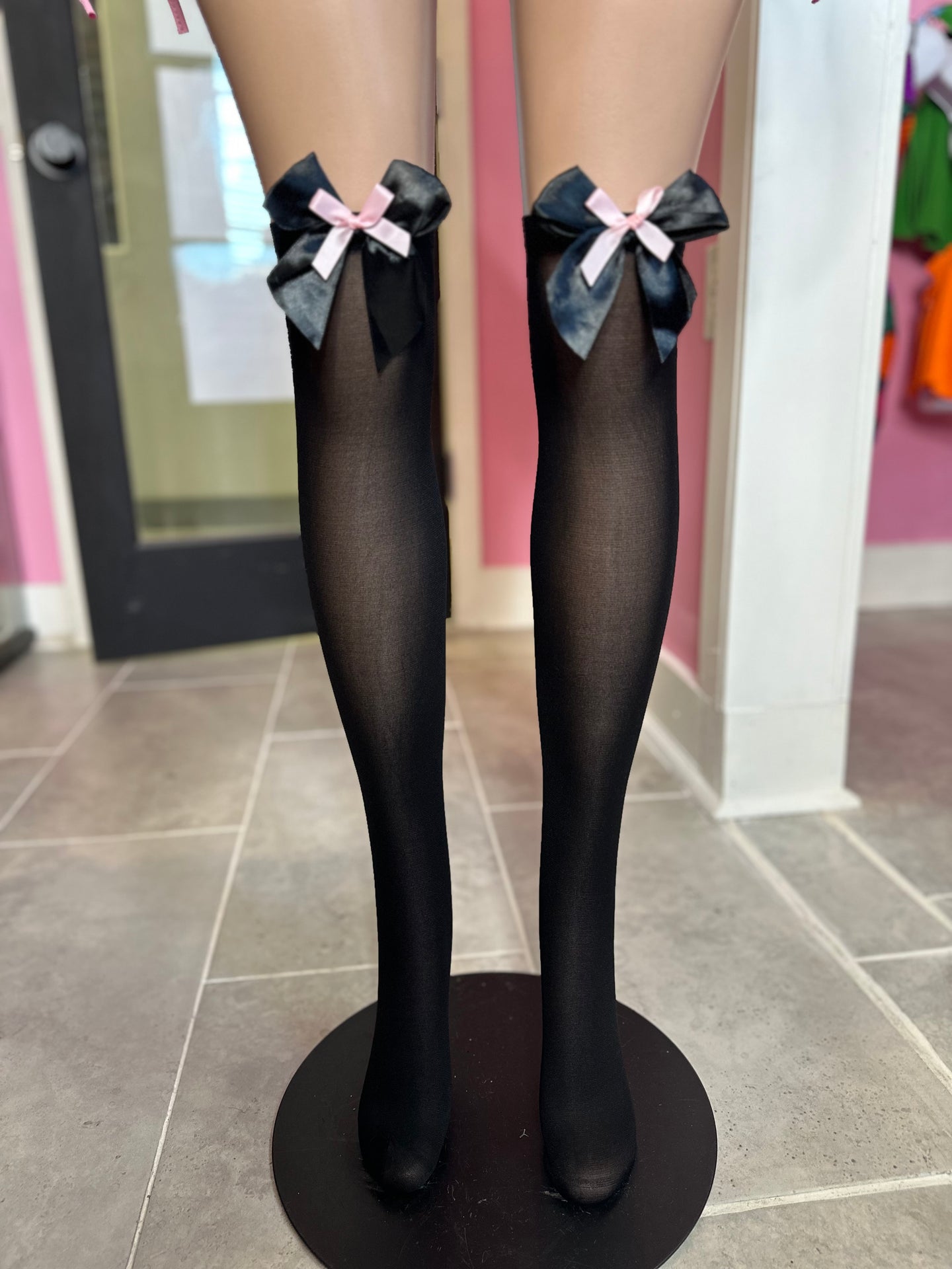 Bow Top Socks Over Knee Sheer Stockings- Black/Pink