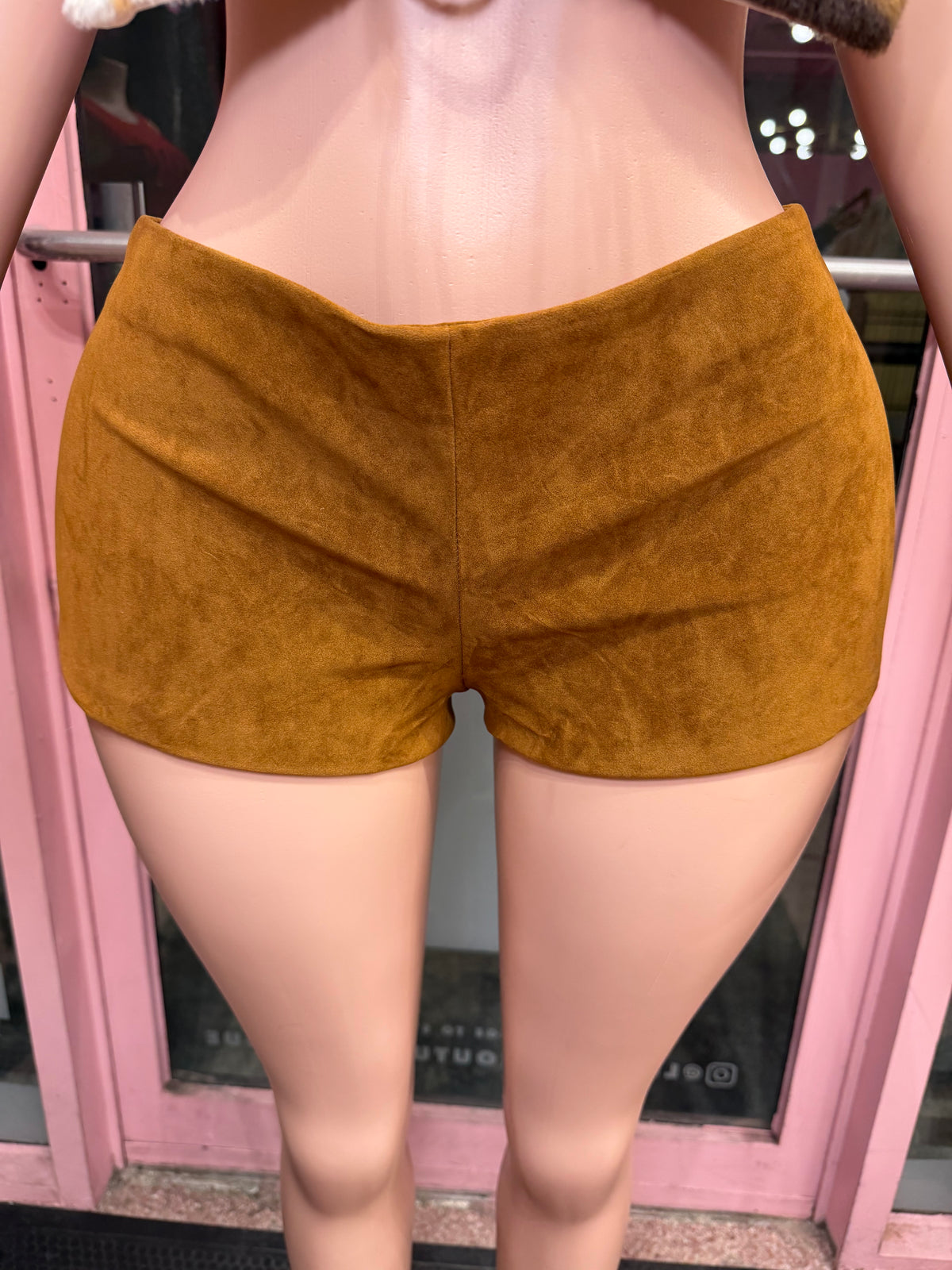 Benet Faux Suede Low Rise Micro Shorts-Camel