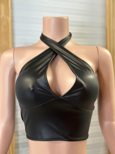 PU Faux Leather Halter Top- Black