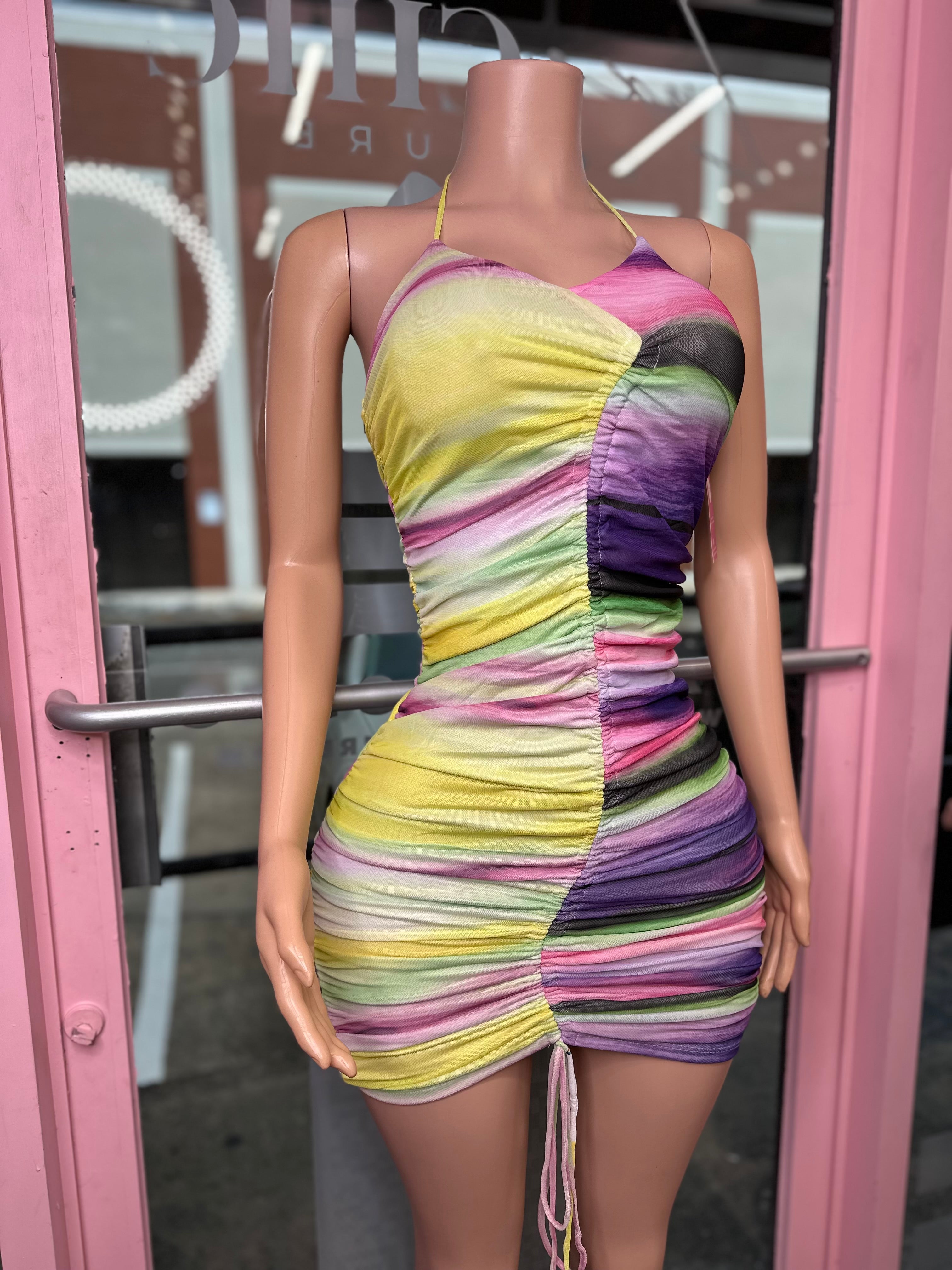 Rush Hour Ruched Halter Dress- Purple Multi