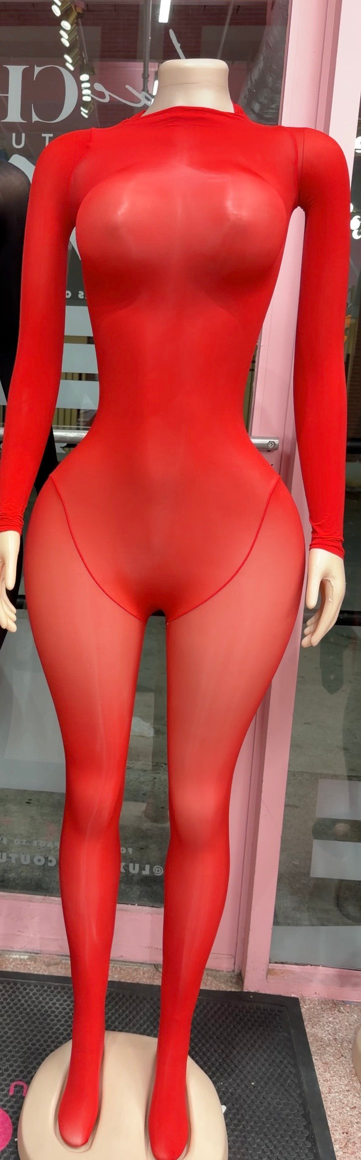 (Restock 8 Business Days)Sheer Bodystocking Lined Bodysuit- Black