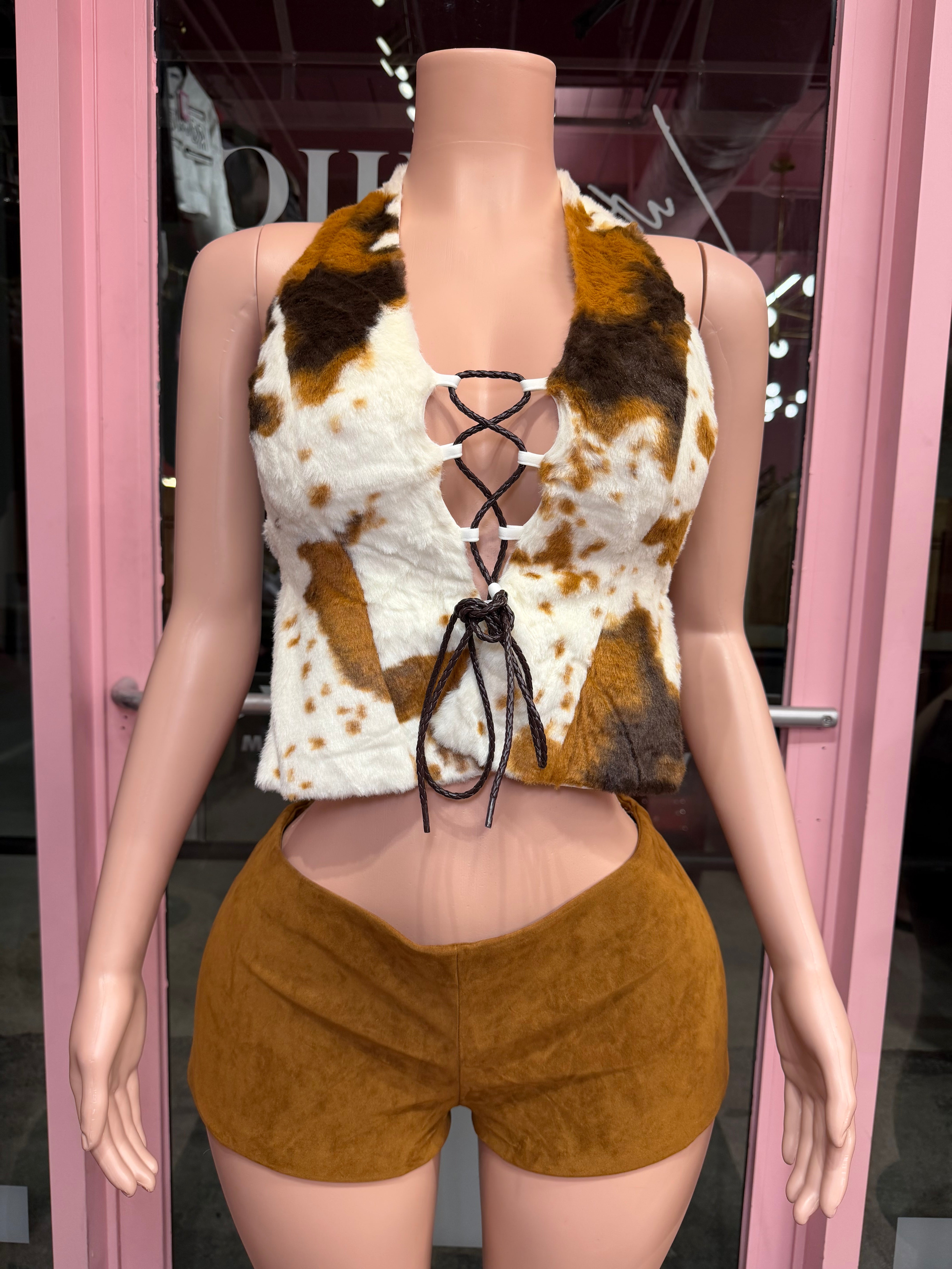 Mooedy Halter Faux Fur Cow Corset Top