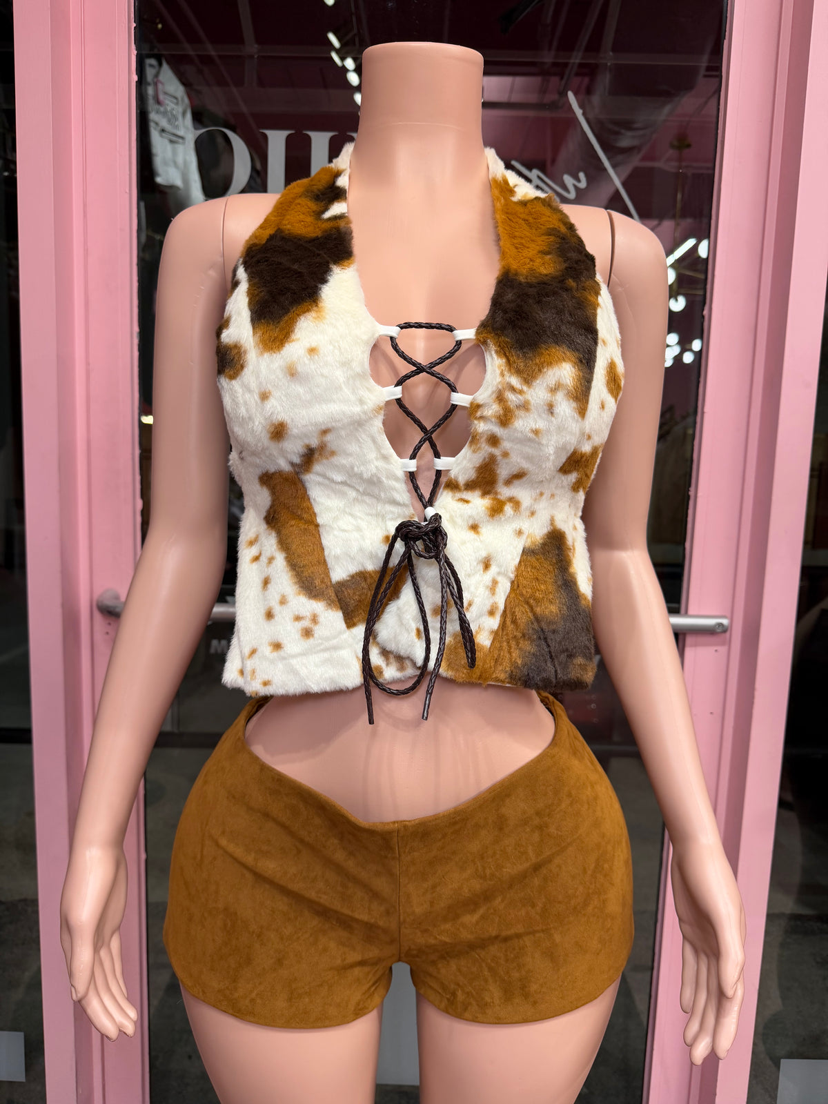 Mooedy Halter Faux Fur Cow Corset Top