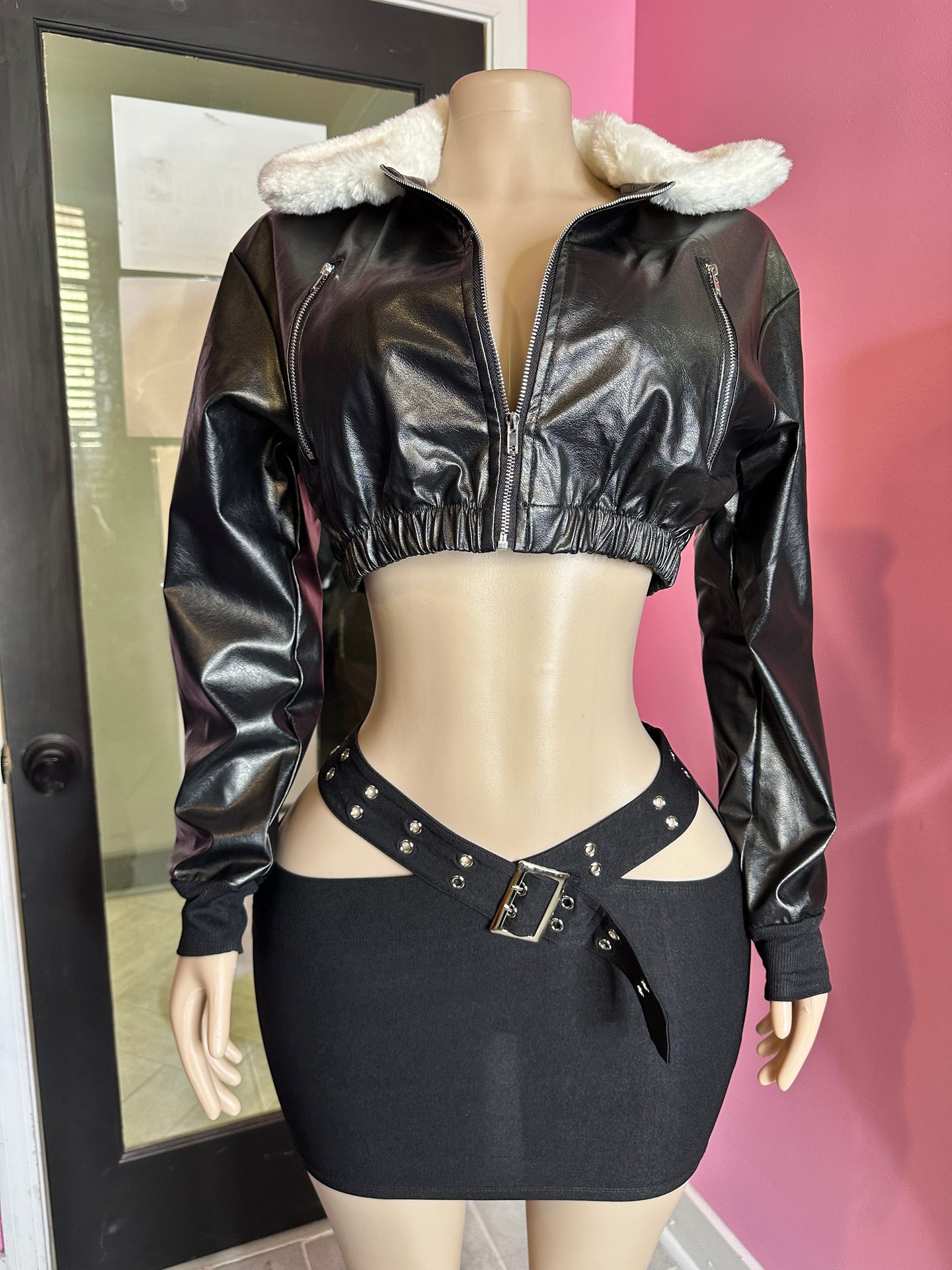 Faux Leather Cropped Jacket with Sherpa Collar- Black