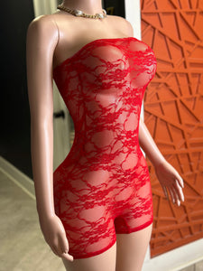 One More Night Tube Lace Romper- Red