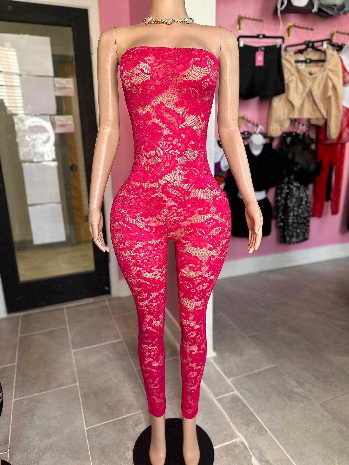 Tube Lace Jumpsuit- Pink