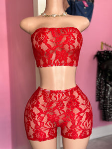 One More Night Two-Piece Lace Set- Red