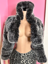 Chic Faux Fur Jacket with Hood – Grey Striped Design