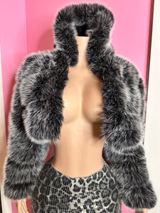 Chic Faux Fur Jacket with Hood – Grey Striped Design