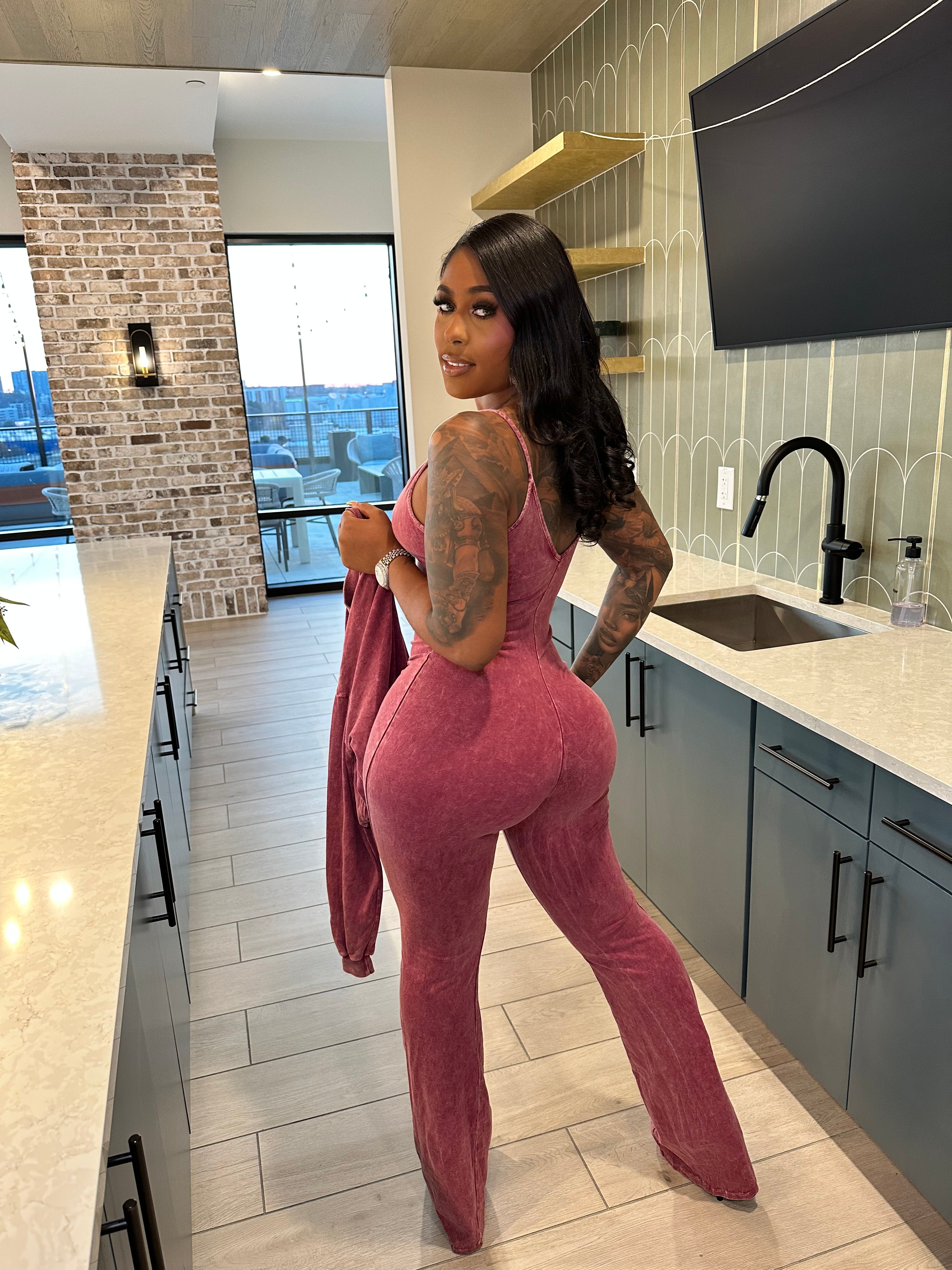 Washed Zip-Up Crop Jacket & Flare Jumpsuit Set- Sangria