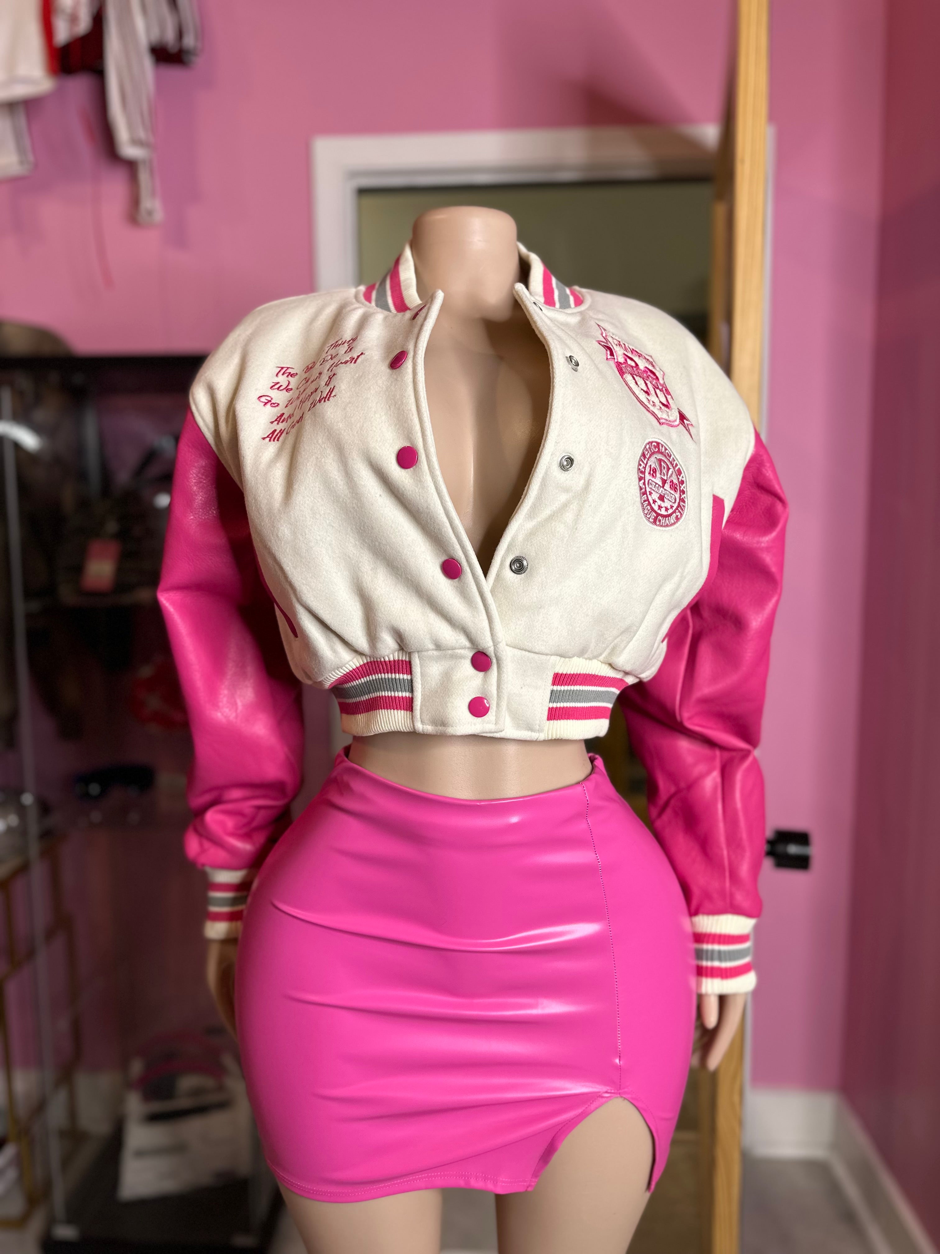 League 1965 Cropped Varsity Jacket- Pink