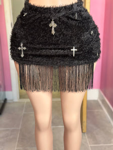 Fuzzy Fringe Cross Skirt- Black