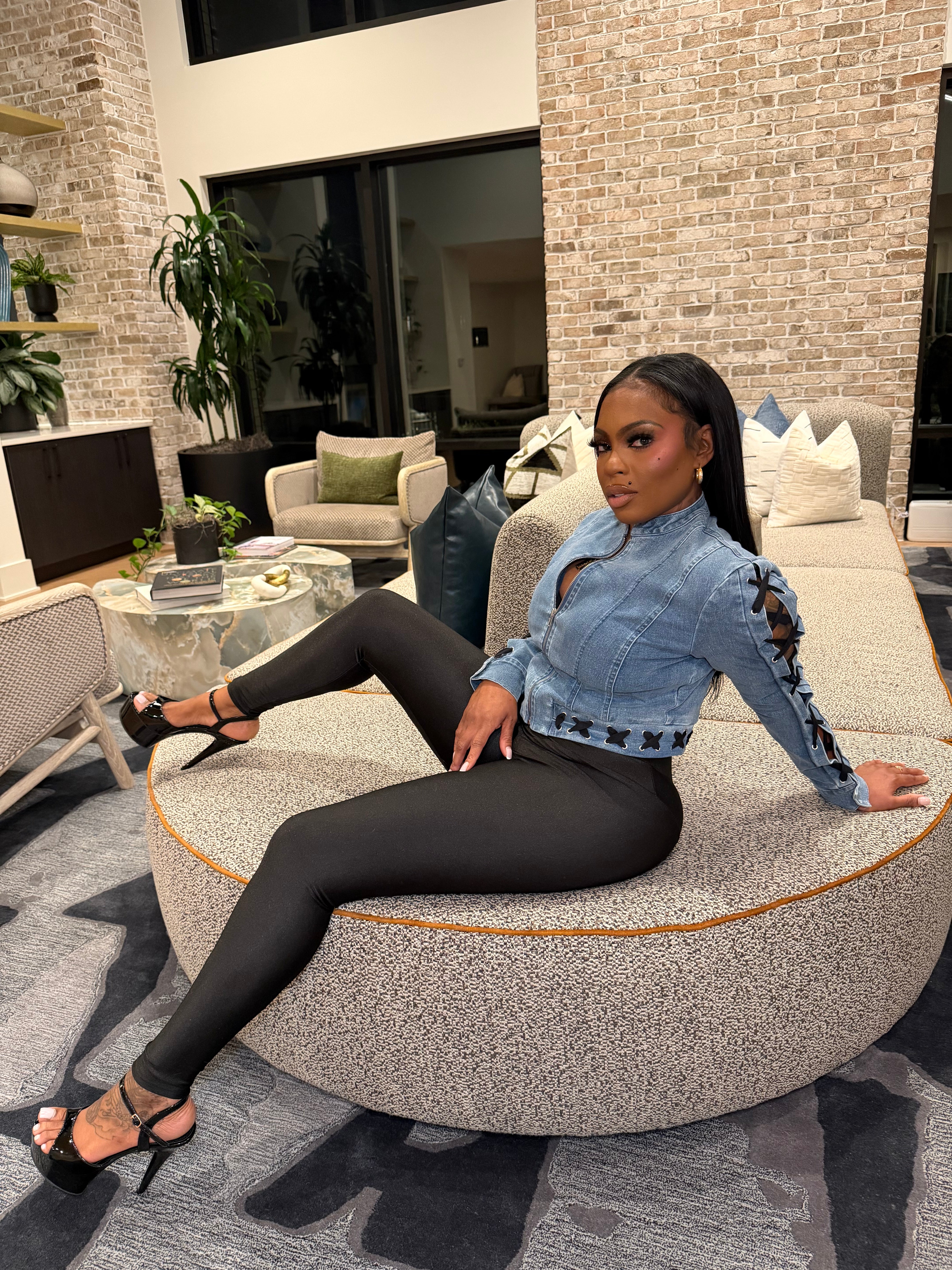 Laced Up Luxe Cropped Jacket- Denim Blue