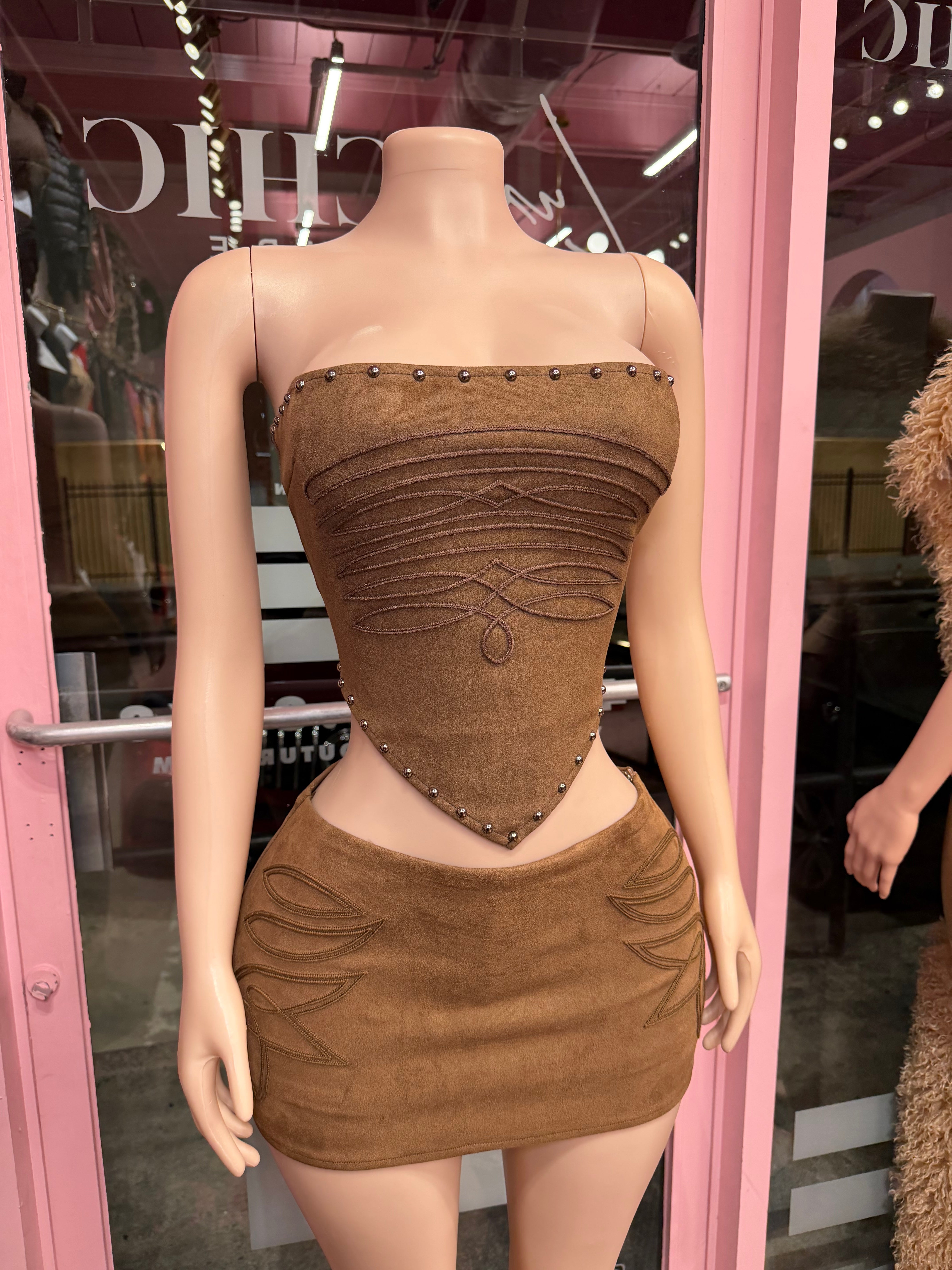 Desert Heat Suede Corset & Mini Skirt Set- Brown
