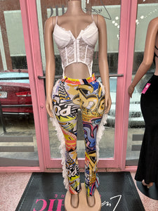 Urban Vibe Graffiti Print Fringe Trim Pants- Multi