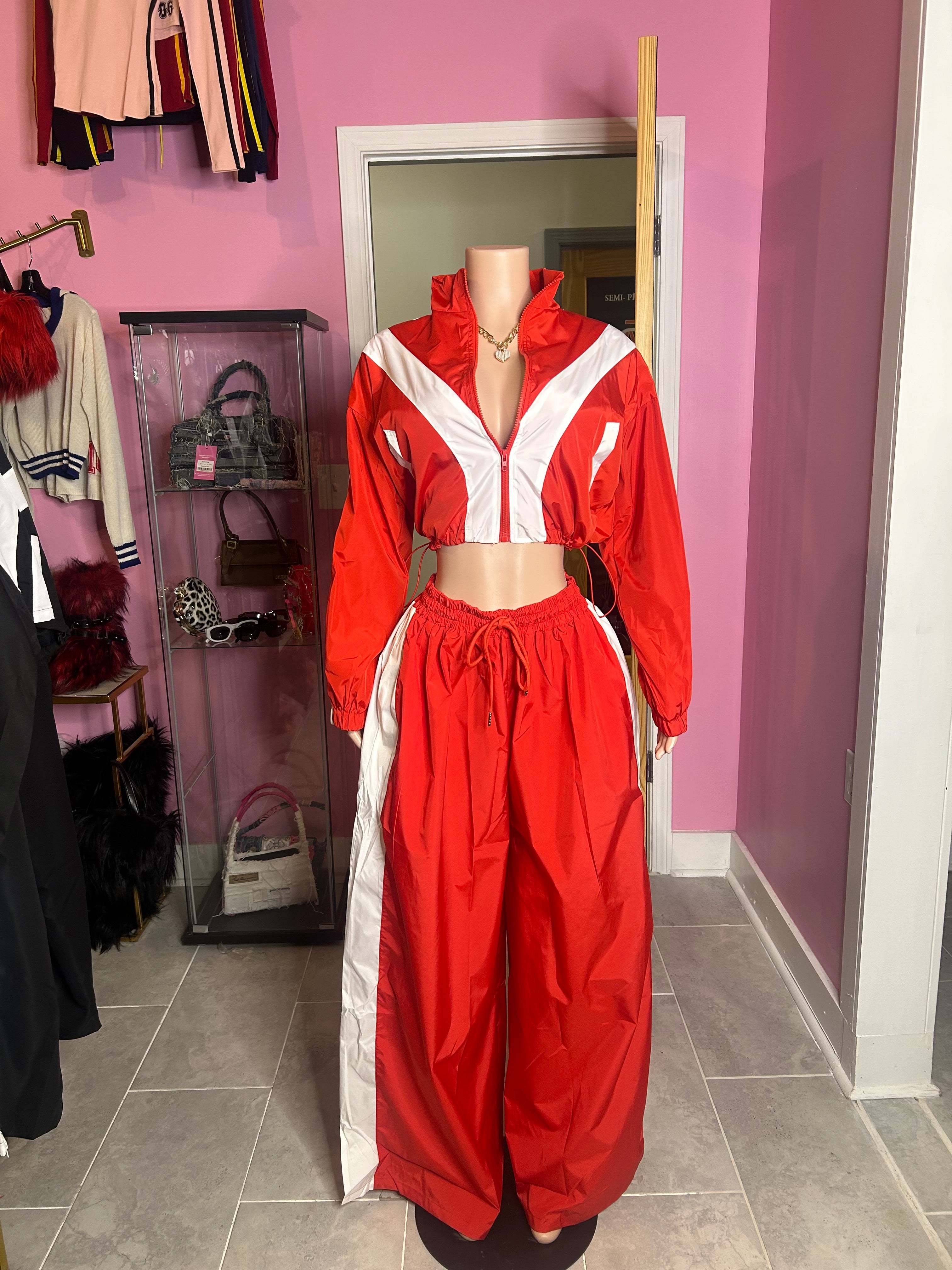 Vibrant Red Crop Jacket and Wide-Leg Pant Set