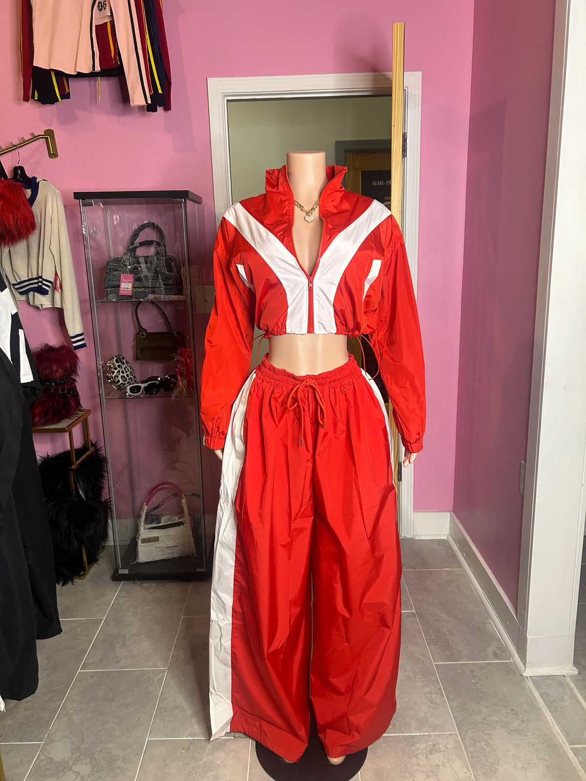 Vibrant Red Crop Jacket and Wide-Leg Pant Set