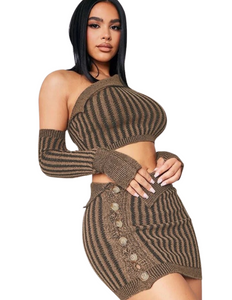 Keep It Casual Striped Knitted Skirt Set- Brown