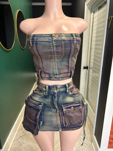 Breaking Rules Cargo Denim Corset Top & Cargo Denim Skirt Set-Green