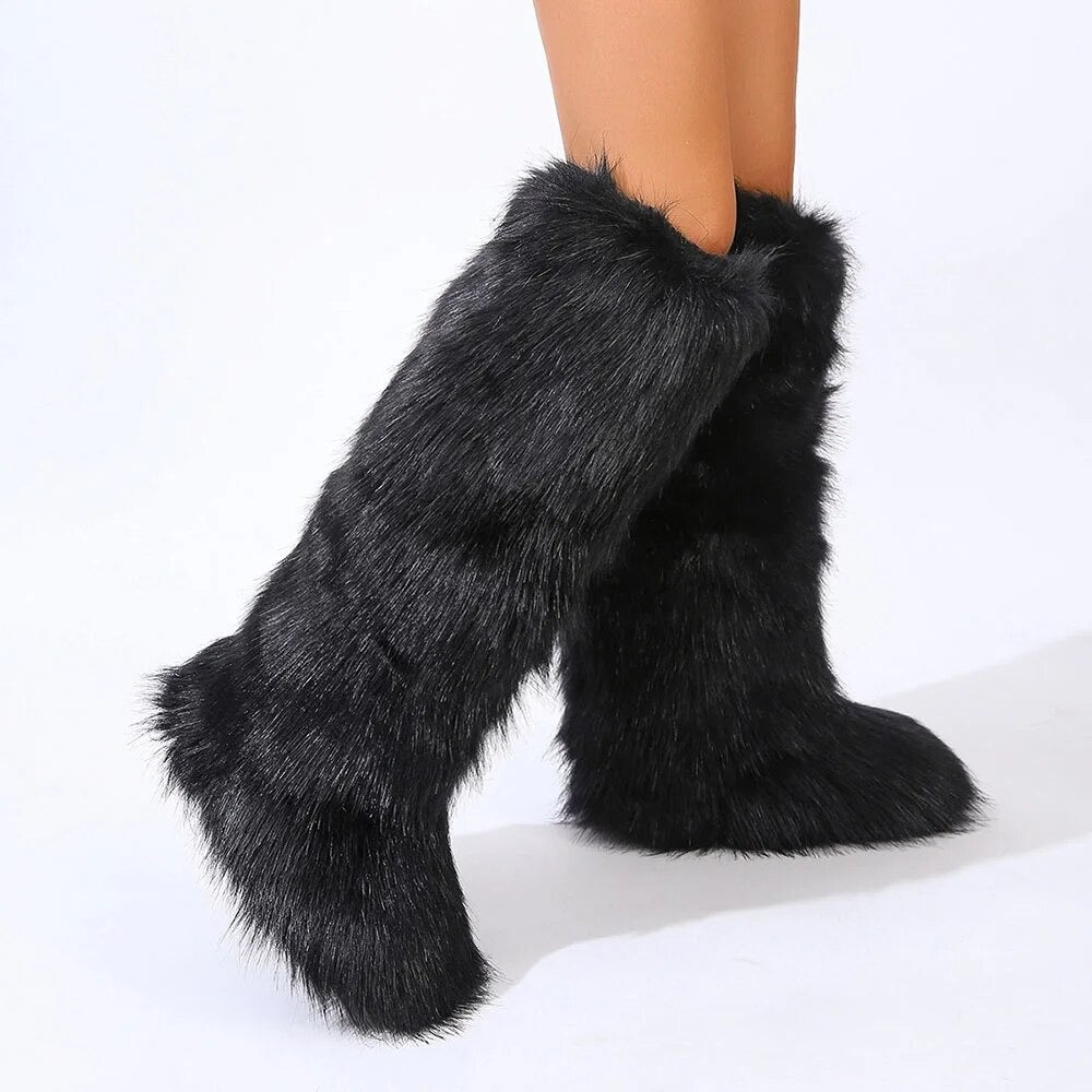 (*Pre-Order 15 business days then ship*) Wynter Fluffy Faux Fur Tall Boots- Black