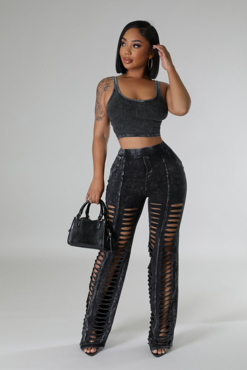 Mineral Wash Cut Out Pant Set- Black