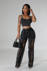 Mineral Wash Cut Out Pant Set- Black