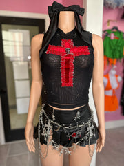 *Pre-Order 10-12 business days then ship* Rockstar & Skull Pendant Cross Top- Black