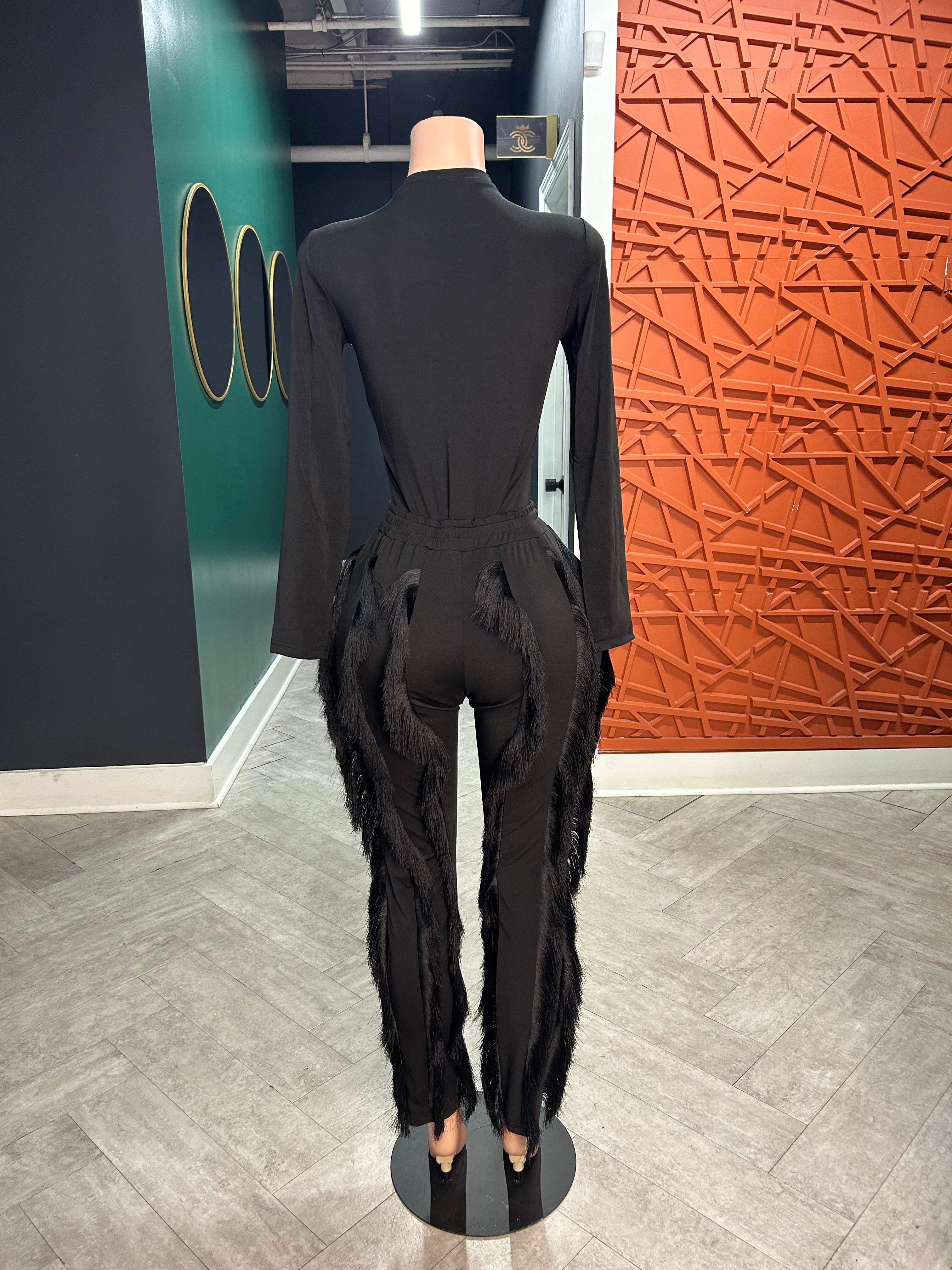 Fran Fringe Pants & Bodysuit Set- Black