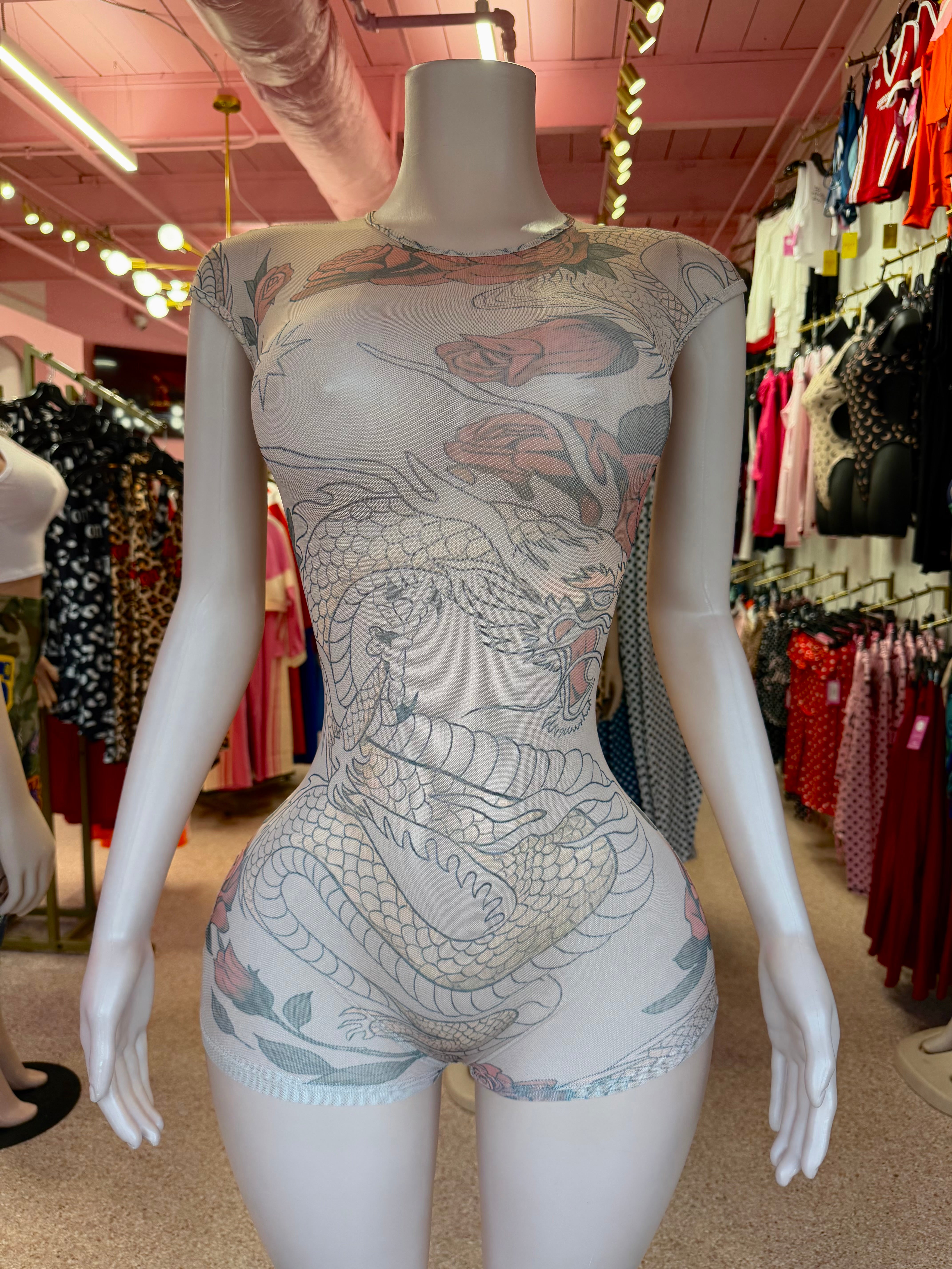 Dragon Print Mesh Romper- Taupe