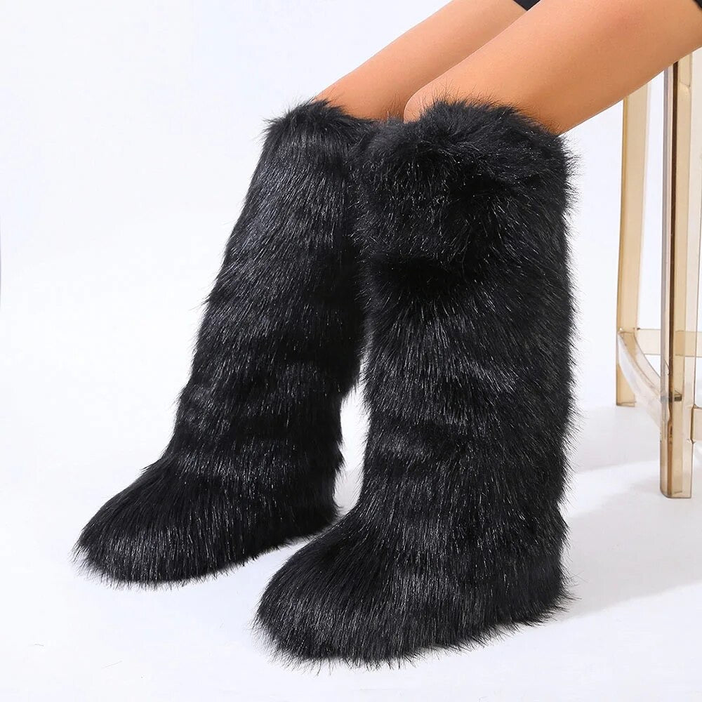 (*Pre-Order 15 business days then ship*) Wynter Fluffy Faux Fur Tall Boots- Black
